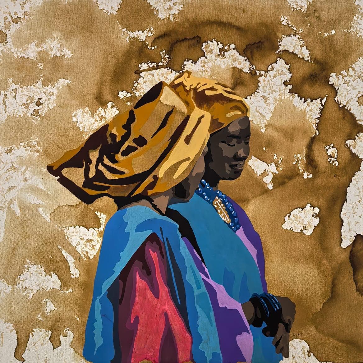 Portrait de profil d'une femme au turban ocre et au vetement bleu.