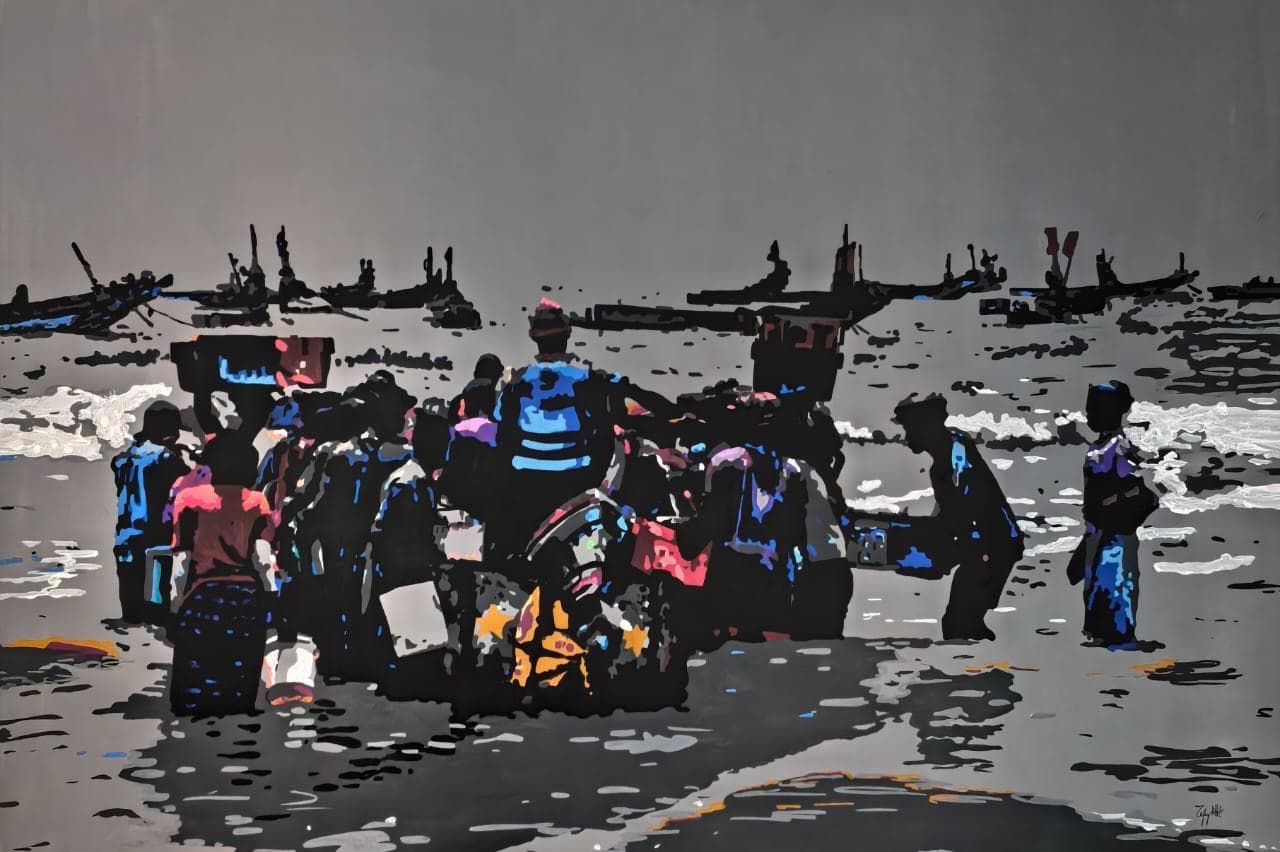 Groupe de silhouettes reunies au bord de l'eau dans une gamme de gris et de bleus.
