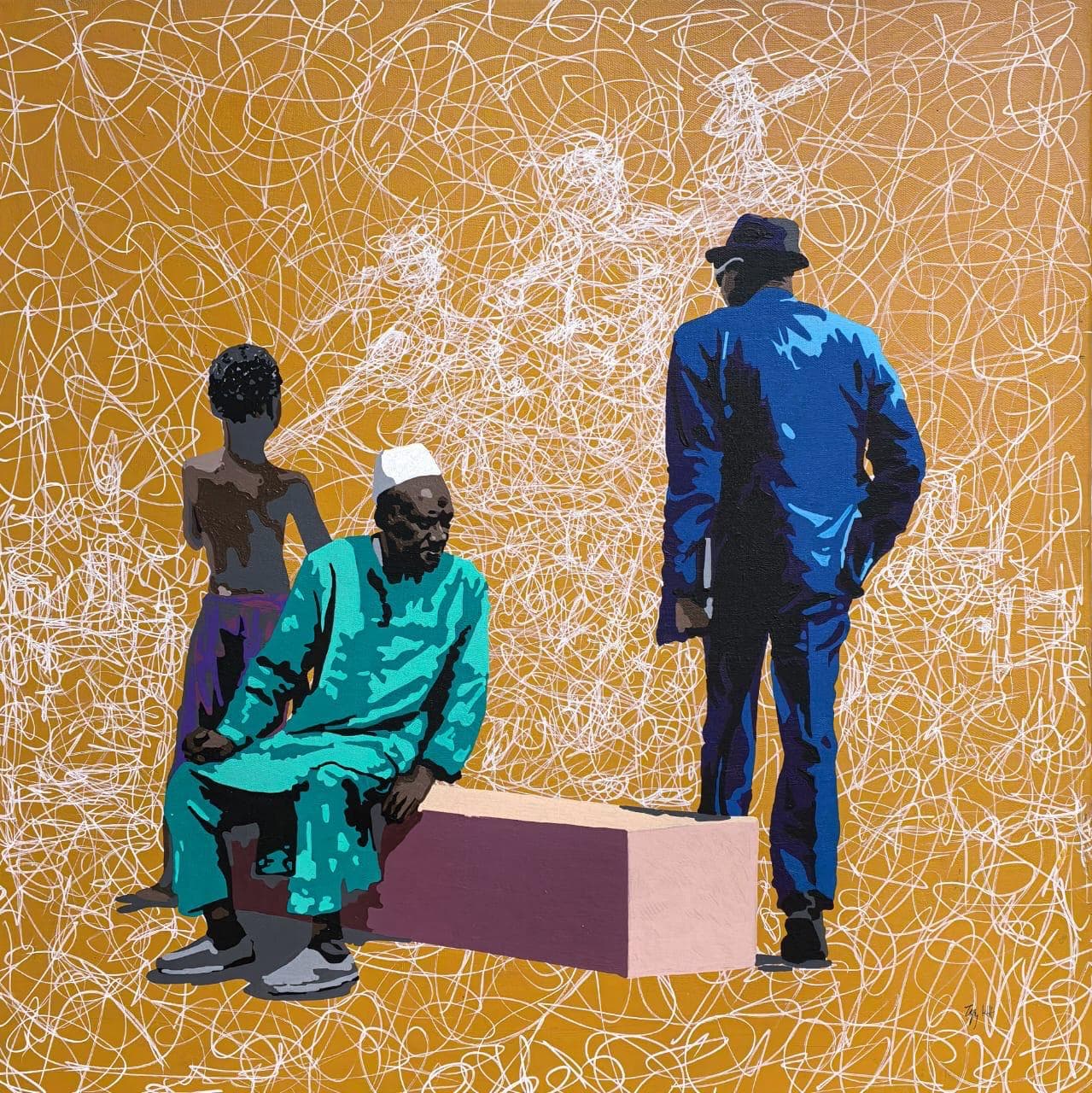 Trois figures juxtaposees sur un fond ocre couvert de lignes blanches entrelacees.