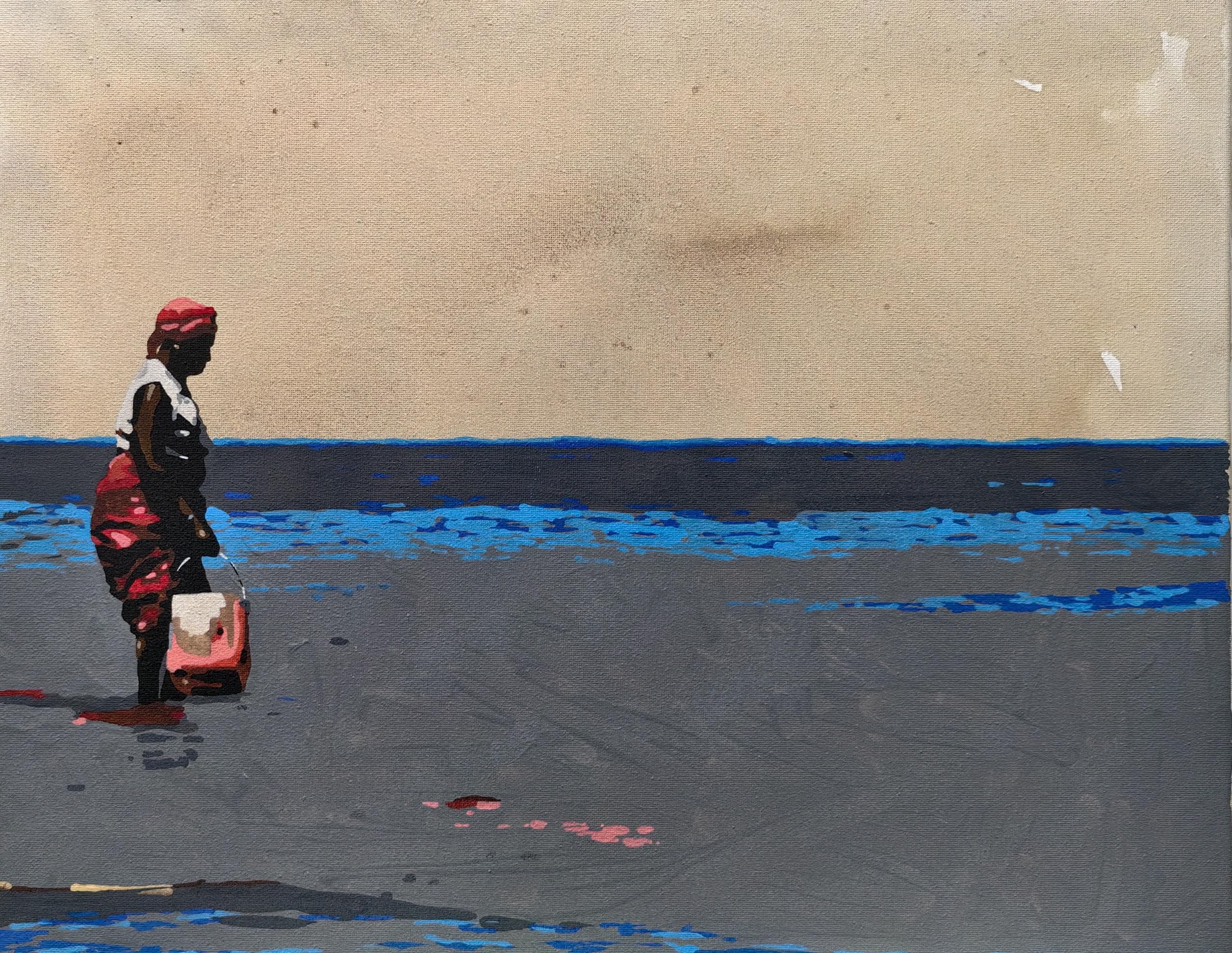 Petite figure portant un bidon rouge face a une ligne d'horizon bleue.