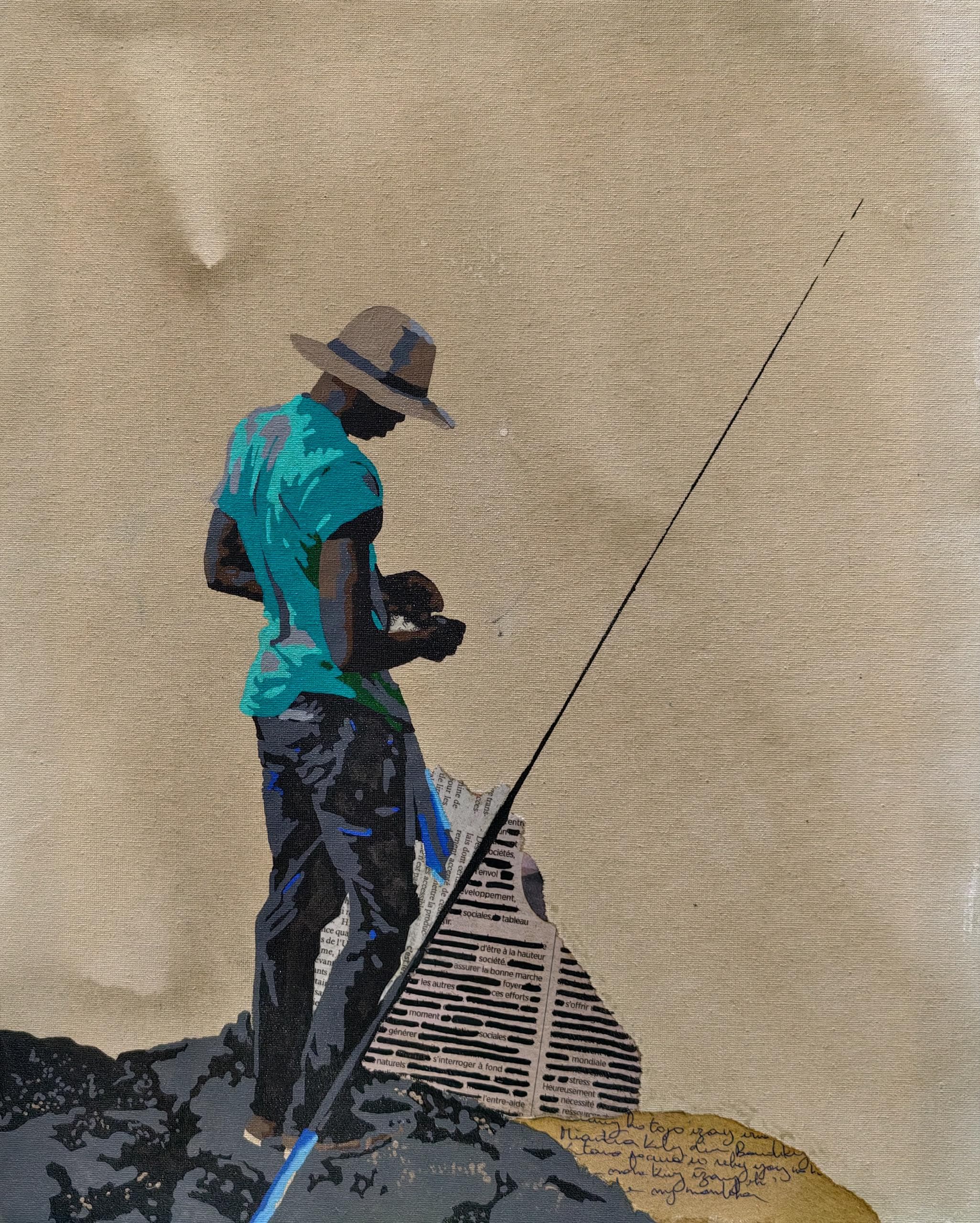 Silhouette en chemise turquoise tenant une longue tige sur un fond sable.
