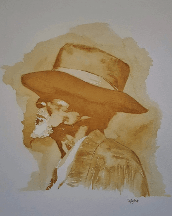 Portrait de profil d'un homme barbu au chapeau, realise au cafe en tons bruns.