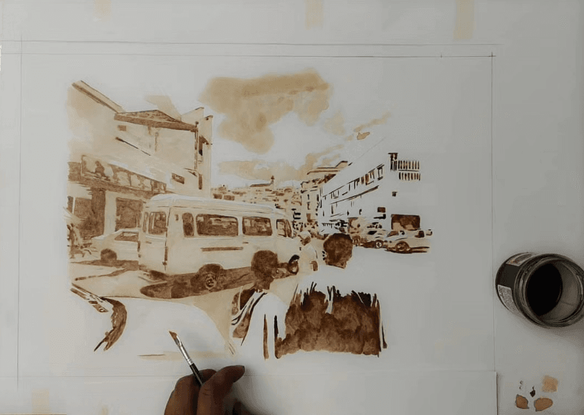 Rue animee avec camionnette et passants, peinte au cafe en lavis sepia.