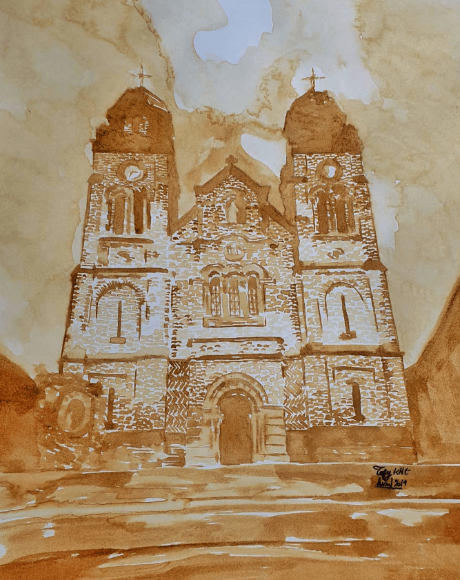 Eglise a deux tours peinte au cafe, facade architecturale en lavis bruns.
