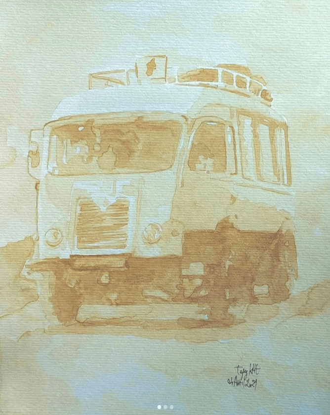 Bus vintage peint au cafe en camaieu sepia sur papier texture.